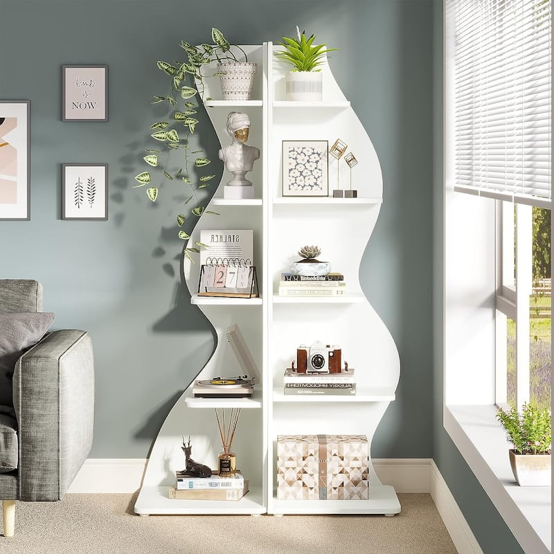 Corner Shelf Bookcase Bookshelf with Unique Shape for Living Room, Home Office - 2PC - White