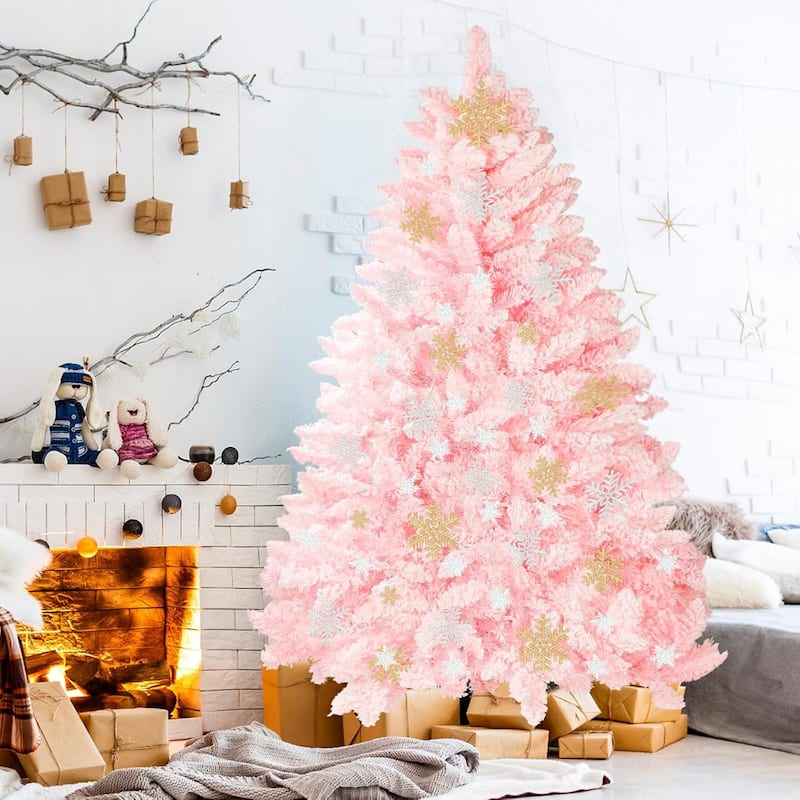 6ft-7ft Artificial Snow Flocked Christmas Tree with Metal Stable Stand Base for Indoor and Outdoor Holiday Decoration