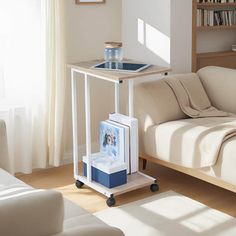 JJS Side End C Table for Sofa, Living Room Couch Table Snack Table That Slide Under for Small Spaces