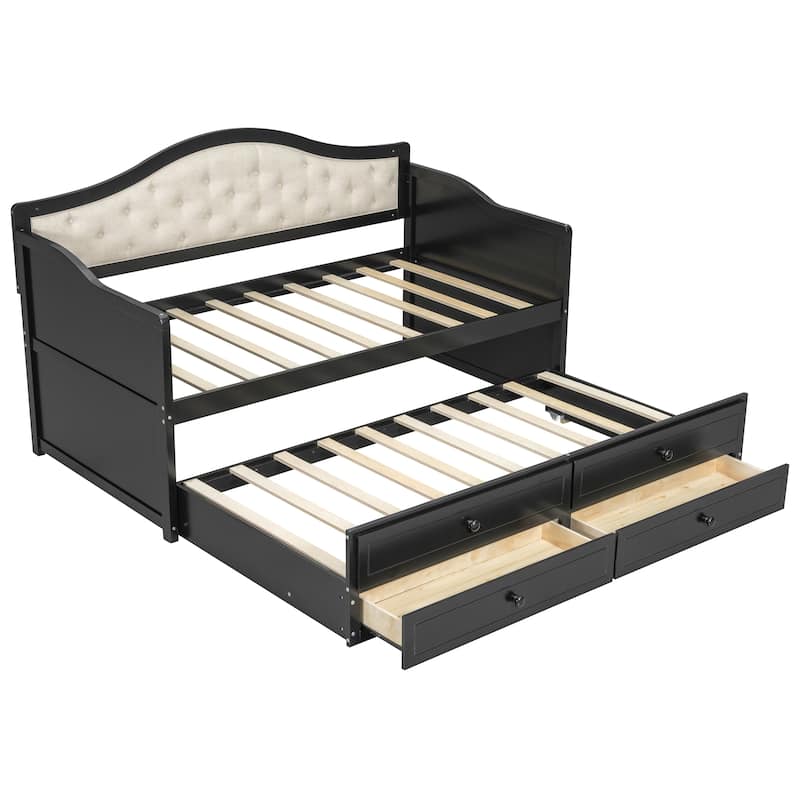 Wooden Frame Day Bed, Twin Size Daybed with Trundle Bed, Upholstered Tufted Button Backrest Sofa Bed with 2 Storage Drawers