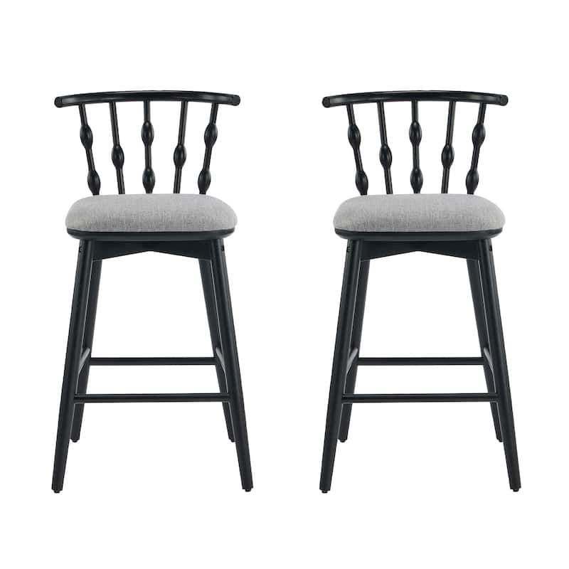 Christopher Knight Home - Leontius Bar Stool with Rubberwood Frame and Hourglass Backrest(Set of 2) - Black Finish+Grey Cushion