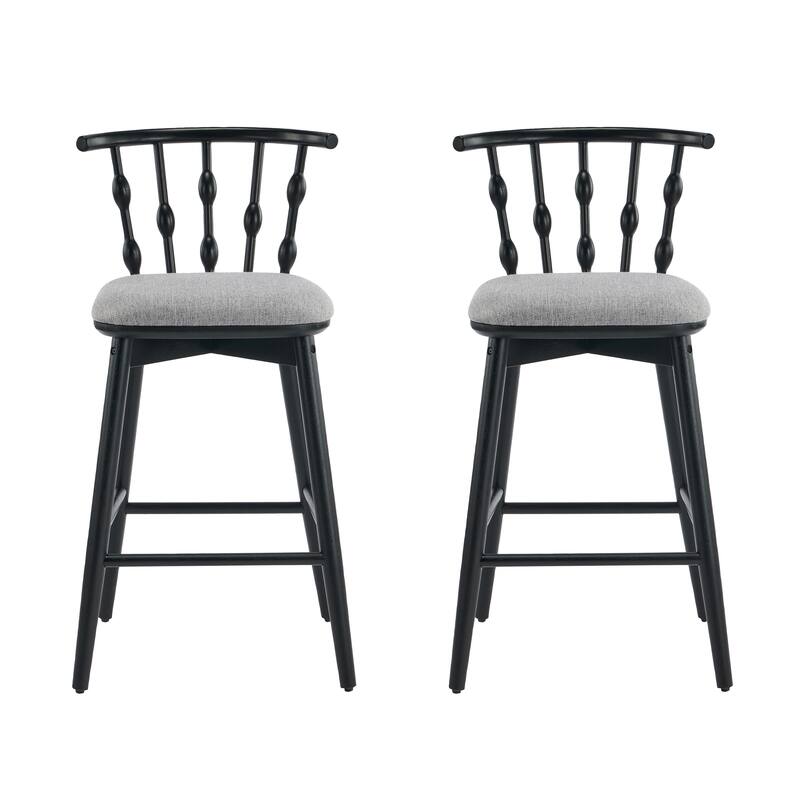 Doria Indoor Wooden Barstool, Black Finish With Grey Upholstery, Set of 2
