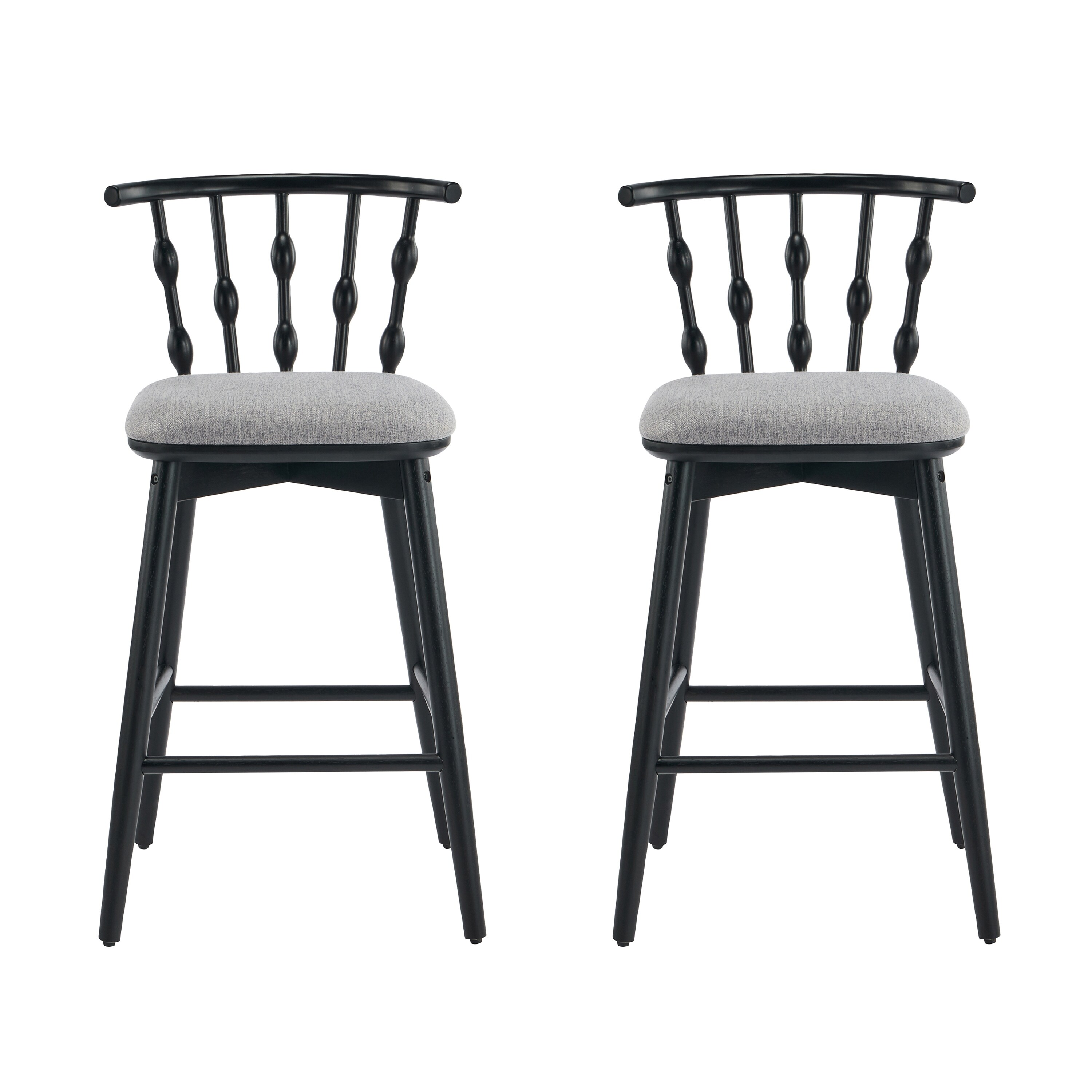 Indoor Wooden Barstool Set Of 2 With Upholstered Seat, Black Finish And Grey Upholstery