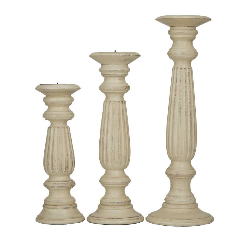 Traditional Mango Distressed Turned Pillar Wood Candle Holder (Set of 3) - Dark Brown, Beige, White