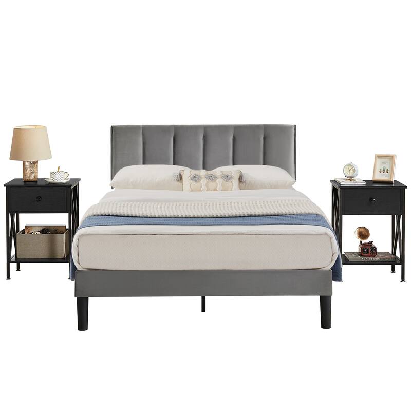 VECELO 3-Pieces Bedroom Sets Upholstered Bed Frame and Nightstands Set of 2 Dark Grey Platform Bed Frame