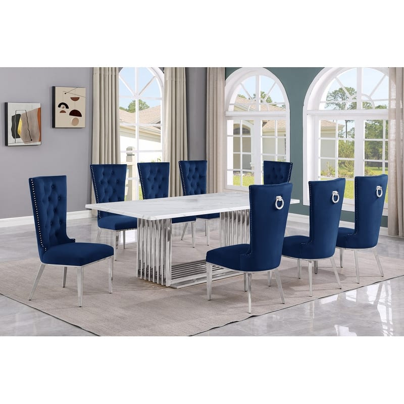 Best Quality Furniture D312/3-SC330-7 Dining Set with 79" White Marble Top - 9-Piece - Navy Blue / Silver