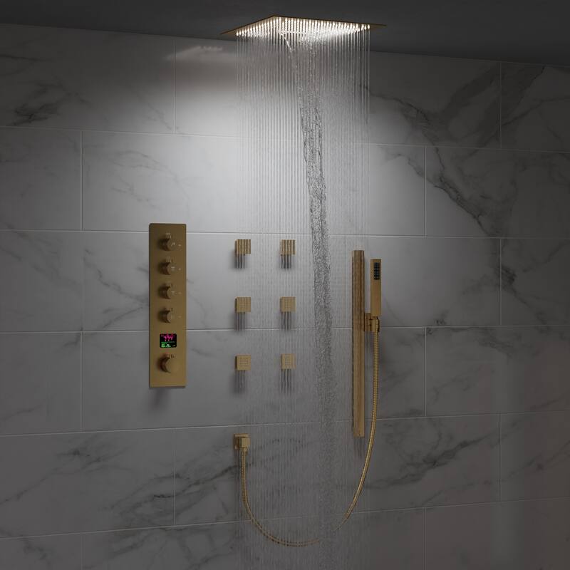 Digital Thermostatic Shower Set with Remote-Control LED Lights, Rainfall/Waterfall Combo and Massaging Jets - Brushed Gold