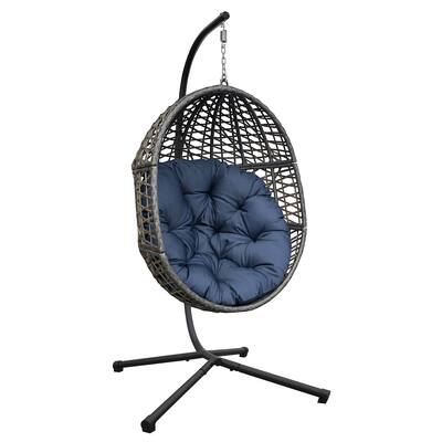 Outdoor Patio Wicker Tear Drop Shape Hammock Chair Hanging Swing Egg Chair with Stand with Cushion