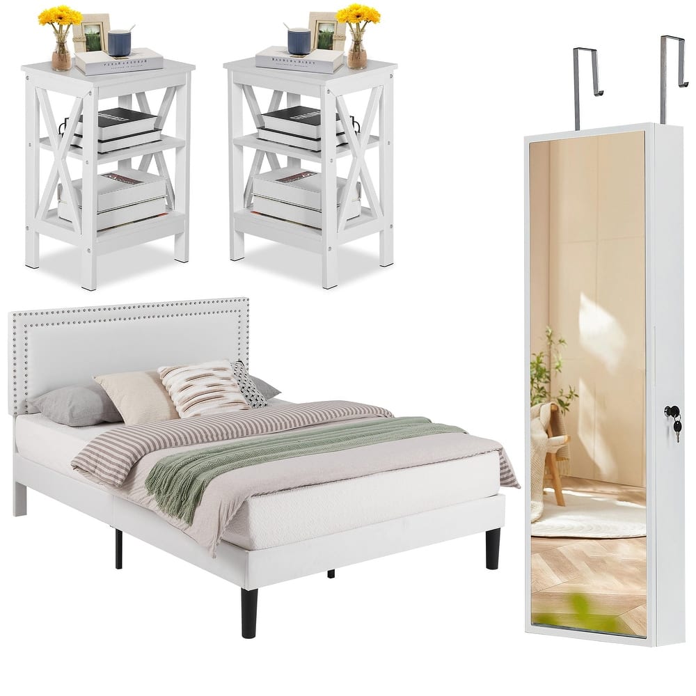 Javlergo 4 Piece White Bedroom Set Upholstered Bed with Adjustable Headboard 2 X Frame Nightstands Lockable LED Jewelry Cabinet