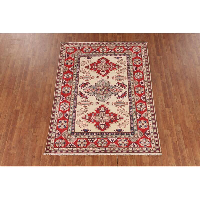 Kazak Oriental Area Rug Hand-Knotted Beige Geometric Wool Carpet - 5'1" x 6'7"