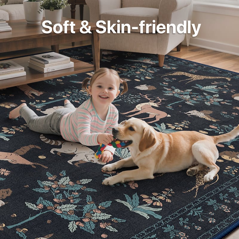 Mcow Woodland Friends Animal Print Low-Pile Machine-Washable Area Rug