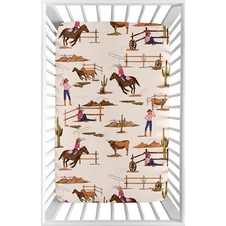 Sweet Jojo Designs Western Cowgirl Girl Fitted Mini Portable Crib Sheet Wild West Vintage Country Animal Southwest Pink Blue Tan
