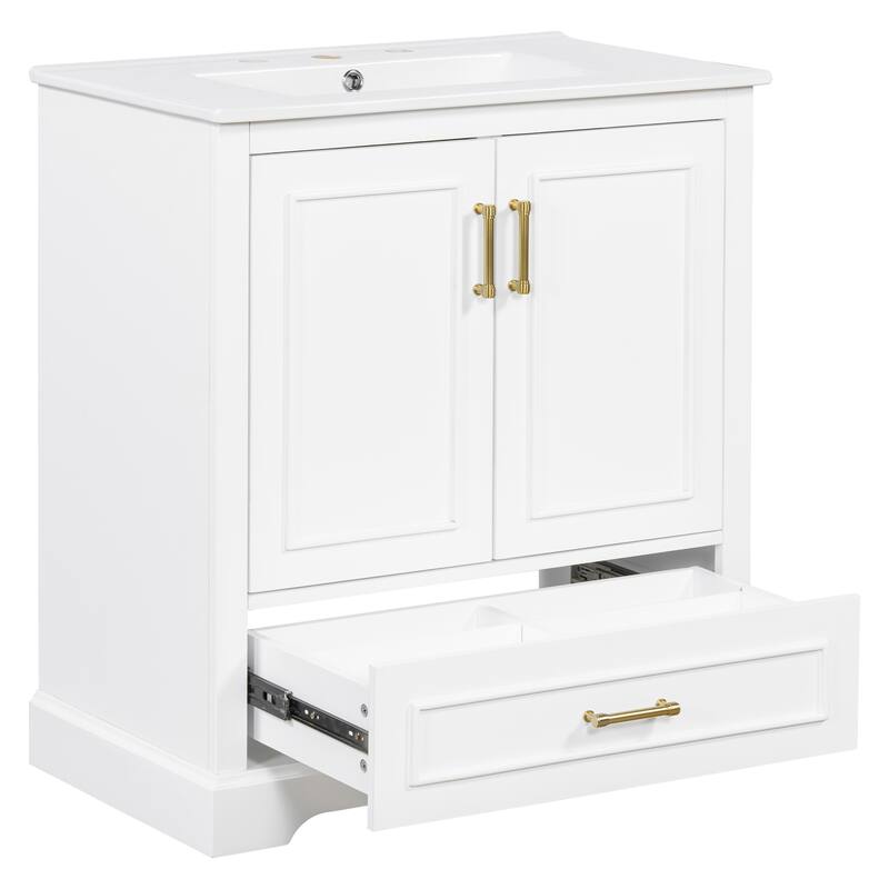 Bathroom Vanity with Ceramic Sink, Freestanding Storage Cabinet with Double Shelf, 1 Divider Drawer & 2 Soft-close Doors