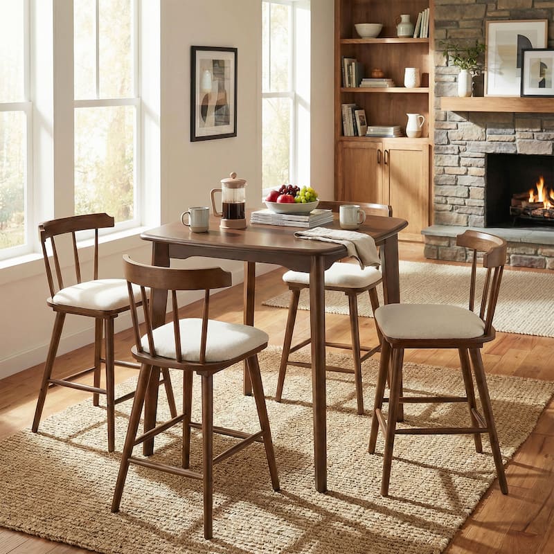 Christopher Knight Home - Modern 5-Piece Wooden Counter Height Dining Table Set with 4 Upholstered Slat Back Stools - Beige+Walnut