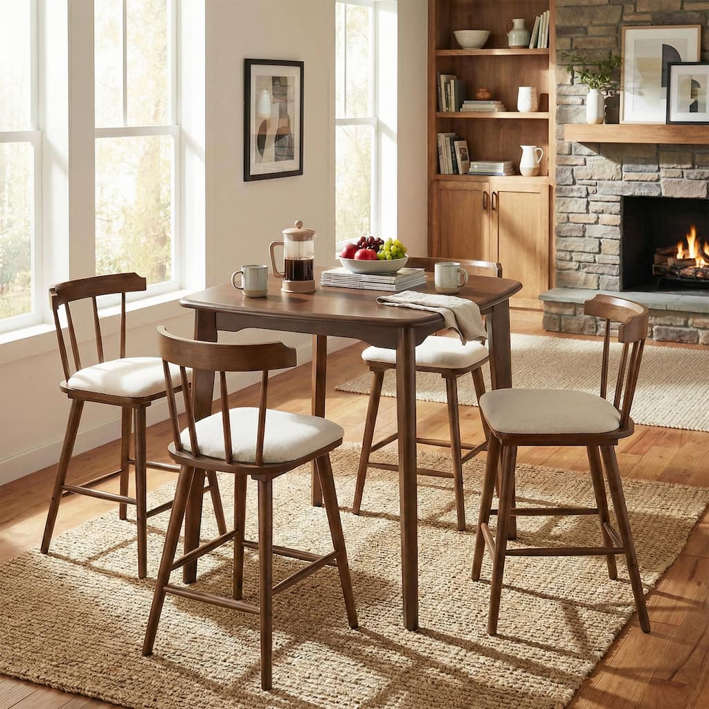 Christopher Knight Home - Modern 5-Piece Wooden Counter Height Dining Table Set with 4 Upholstered Slat Back Stools