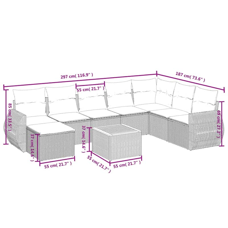 vidaXL 9 Piece Patio Sofa Set with Cushions Black Poly Rattan - 24.4 x 24.4 x 27.2