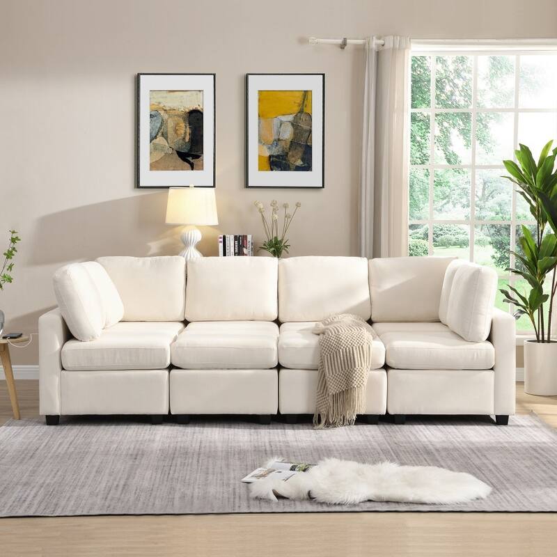 103" U-Shaped Free Combination Modular Sectional Sofa with Two Movable Ottomans and Three USB Ports