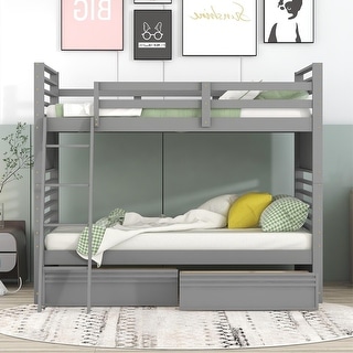 Twin over Twin Bunk Bed with Drawers, Guardrail & Convertible Design, Space-Saving