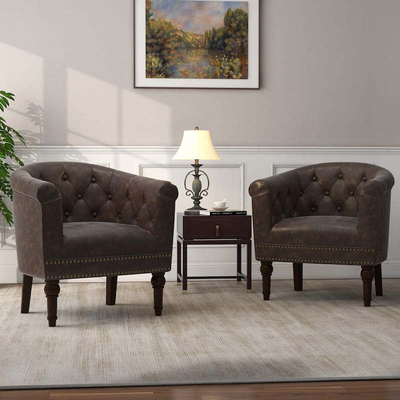 Contemporary PU Leather Tufted Barrel Accent Chair - Chocolate-2set