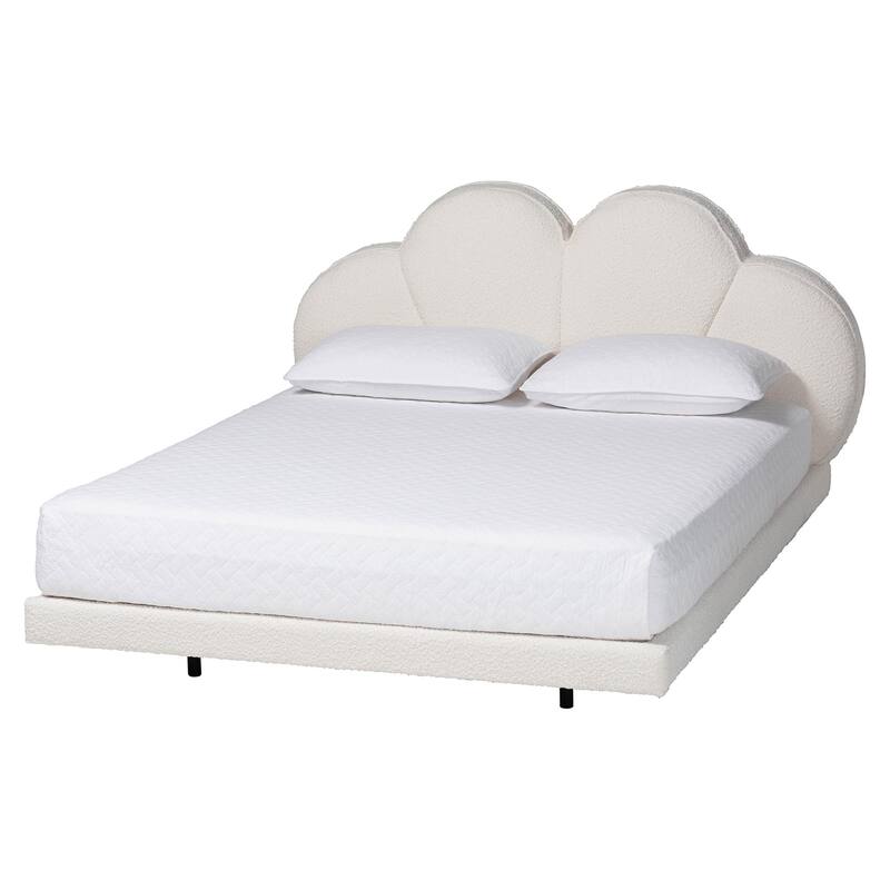 Barrera Floating Platform Bed with Scalloped Headboard - Low Profile Minimalist Boucle Upholstered Bed Frame - Queen