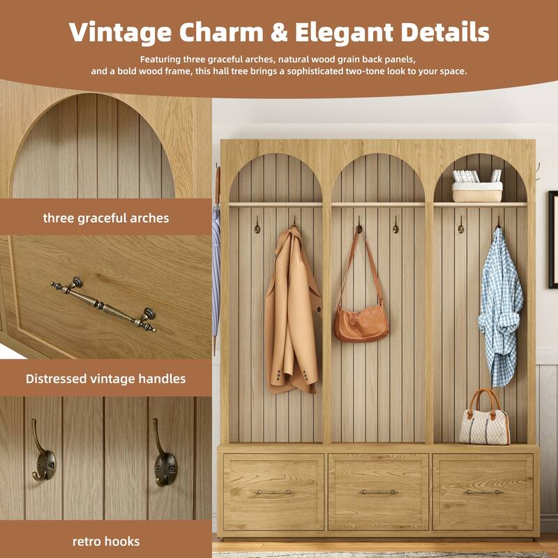 Farmhouse Hall Tree with 3 Drawers and 8 Hooks Oak Wood Bench and Coat Rack