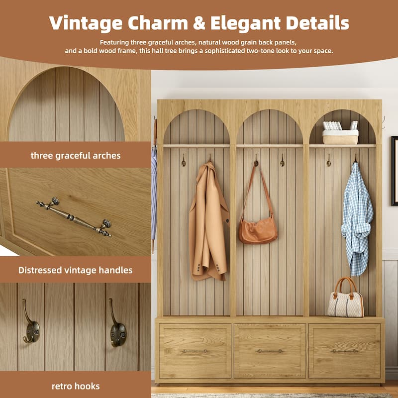 Wooden Style Hall Tree with Arched Design, Entryway Bench with Retro Hooks, Rustic Coat Rack & Shoe Organizer with Drawers