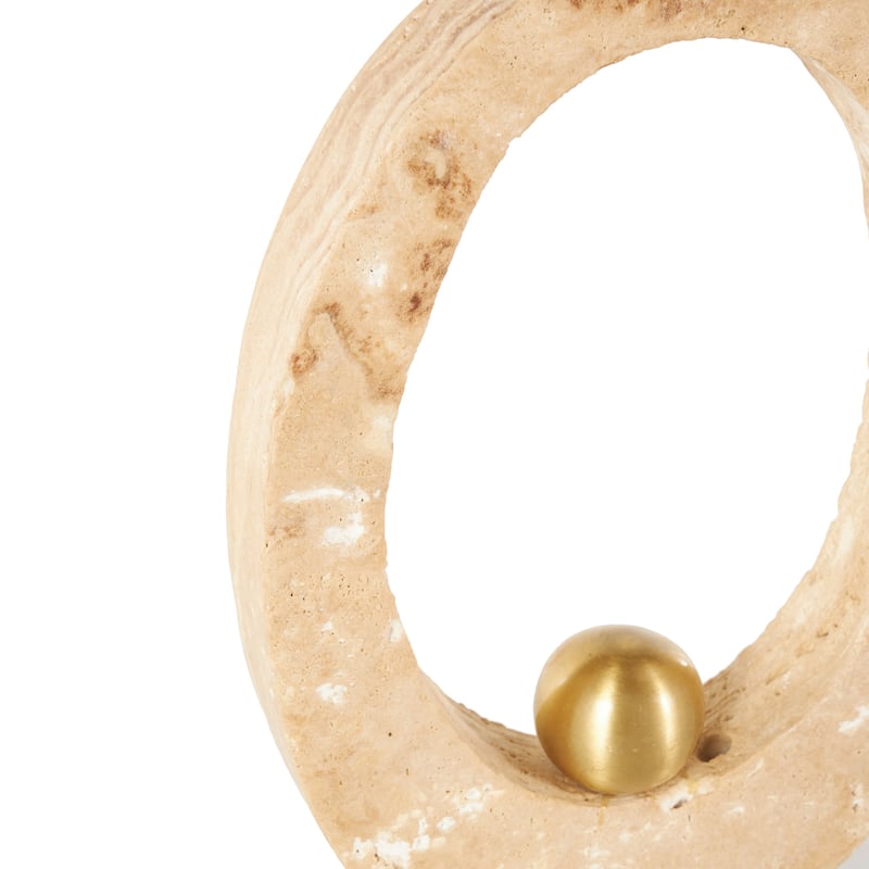Cream Marble Oval Abstract Decorative Sculpture with Gold Ball and White Base