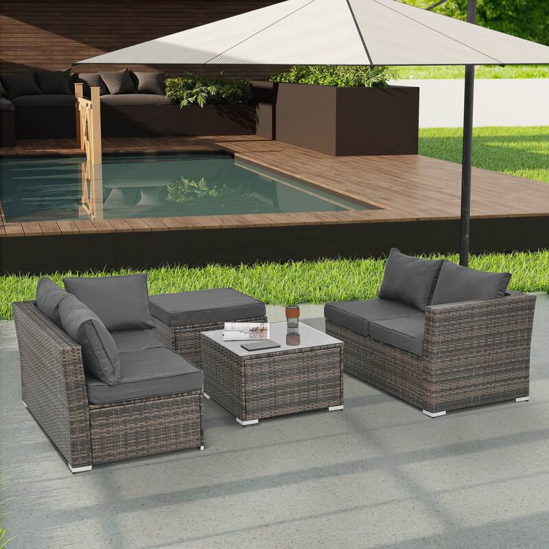 4 Set Wicker Furniture With Tempered Glass Coffee Table