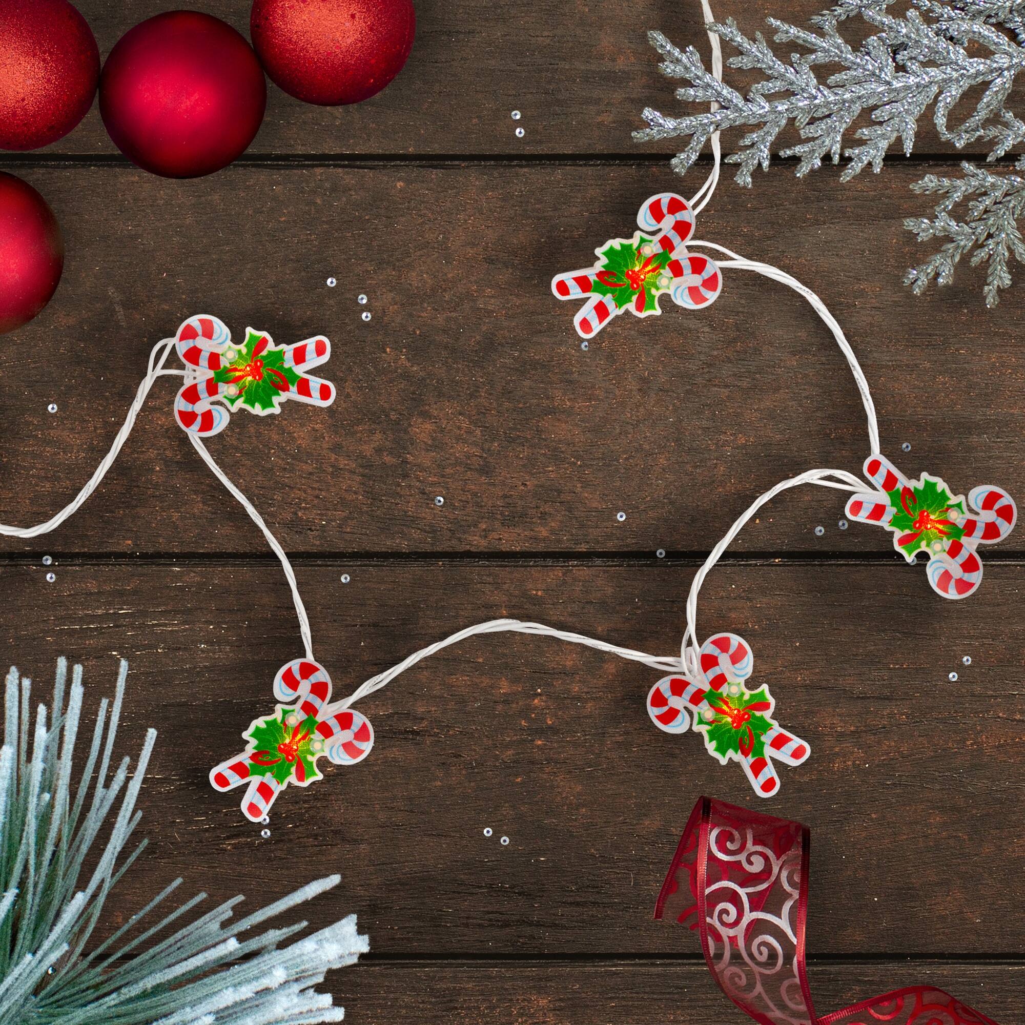10Count Candy Cane Christmas Light Set 6ft White Wire 6' Bed