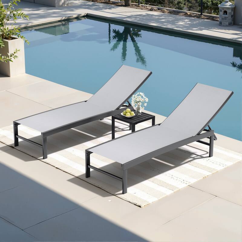 Outdoor Chaise Lounge Reclining Adjustable Chairs with Side Table Set - Light Grey - 3-Piece Set