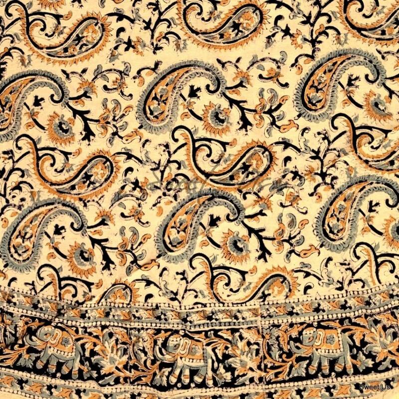 Block Print Tablecloth Round, Floral Paisley Elephants, Beige - Paisley Elephant, Black Gold Grey