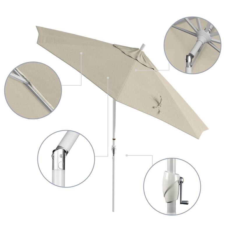 California Umbrella 9' Round Crank Lift Push Button Tilt White Aluminum Patio Umbrella Sunbrella
