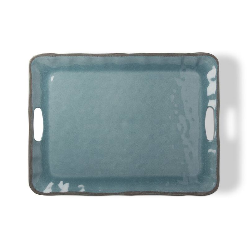 19.75L in. x 11W in. Veranda Cracked Glaze Solid Wavy Edge Melamine Serving Tray Indoor Outdoor Rectangle Aqua Blue