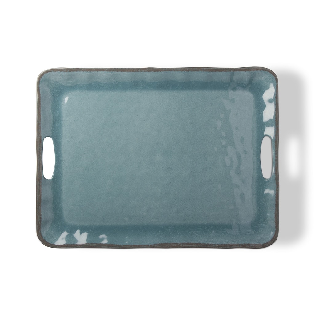 19.75L in. x 11W in. Veranda Cracked Glaze Solid Wavy Edge Melamine Serving Tray Indoor Outdoor Rectangle Aqua Blue