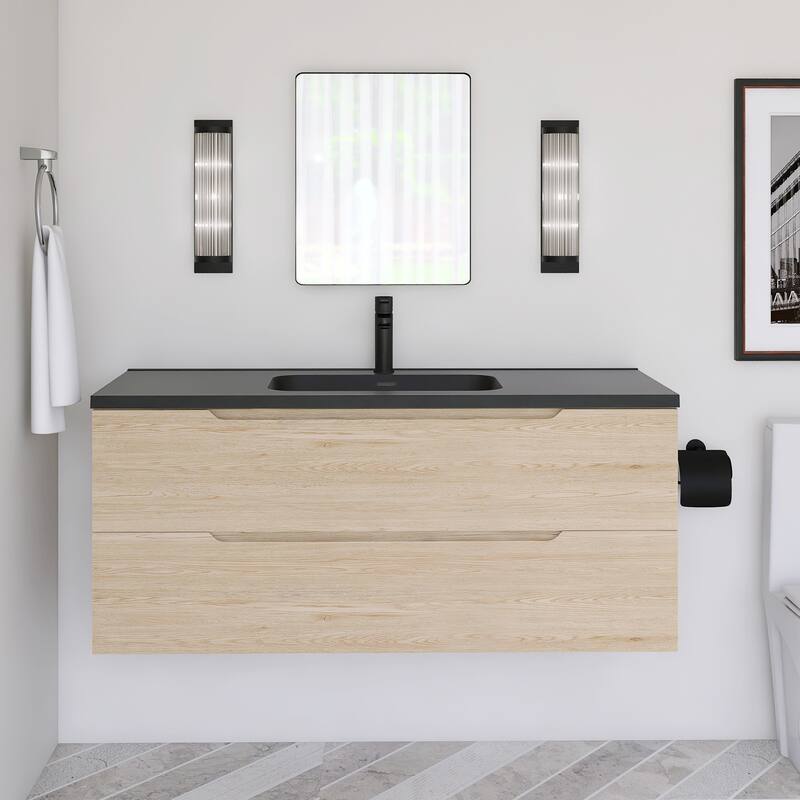 Floating Bathroom Vanity in Evita Oak with Integrated Quartz Sand Top - 47.24'' x 18.90'' x 20.39''