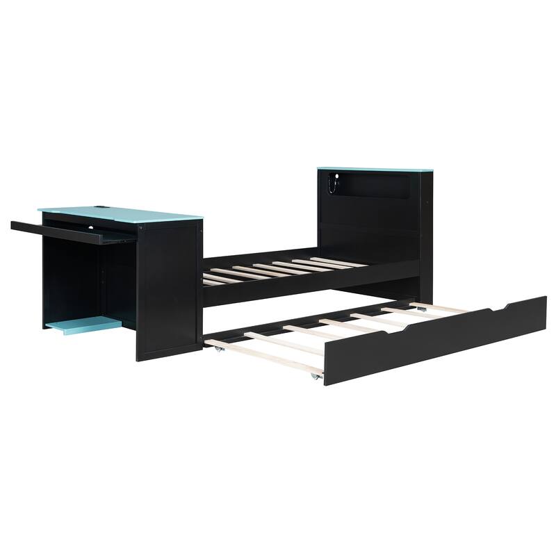 Wood Daybed with Trundle & Built-in Desk, LED Lights & USB Charging Port, Available in Full or Twin