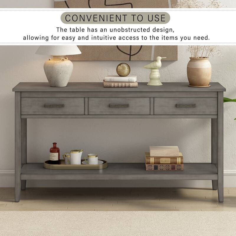 59.1" Wooden Entryway Console Table with 3 Drawers and Open Shelf
