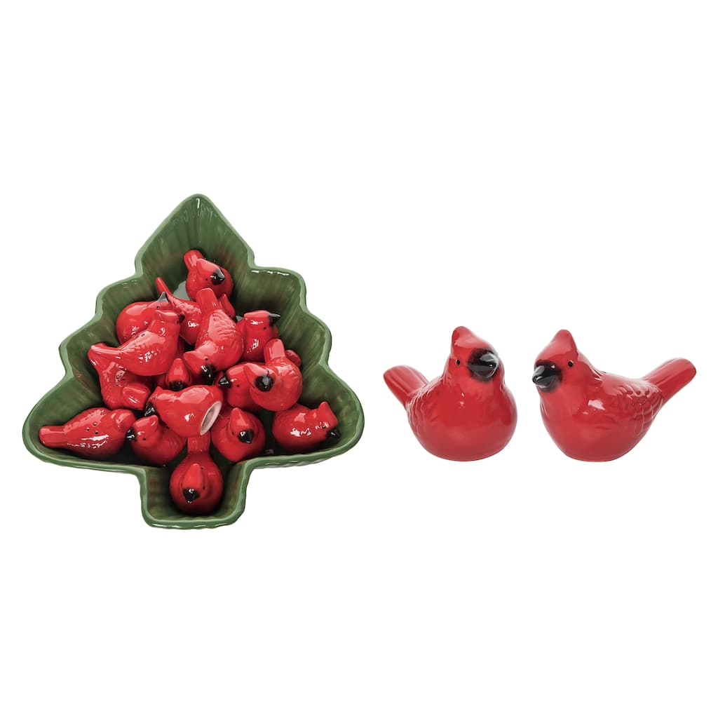 Transpac Dolomite 13 in. Multicolor Christmas Cardinal Salt and Pepper Shaker in Tree Bowl Set of 17