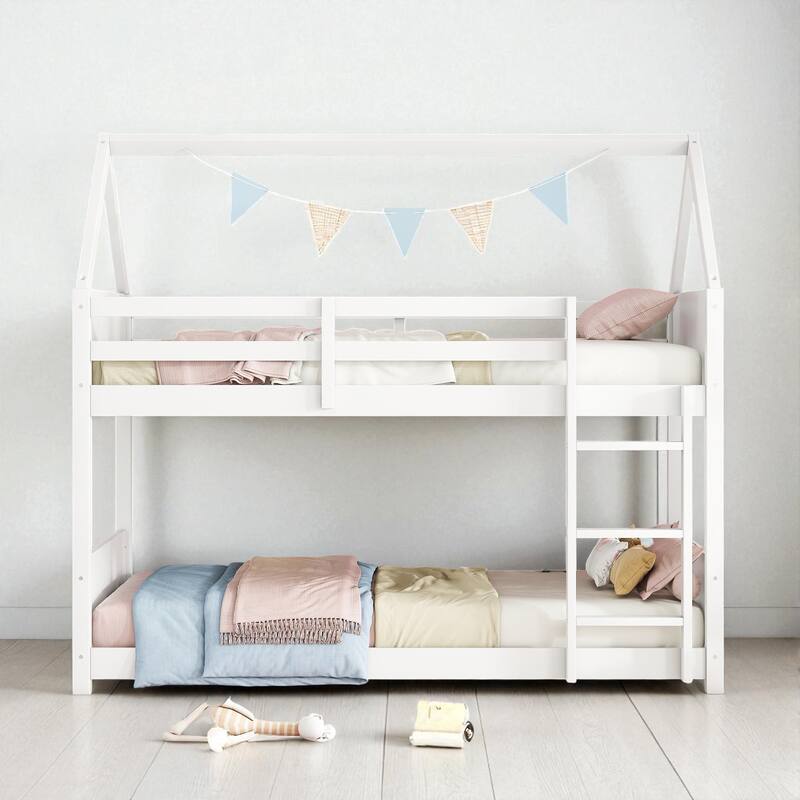 Twin over Twin House Bunk Bed with Roof Frame, Guardrails, Ladder and Headboards, Rubber Wood Kids Floor Bed - White - Twin