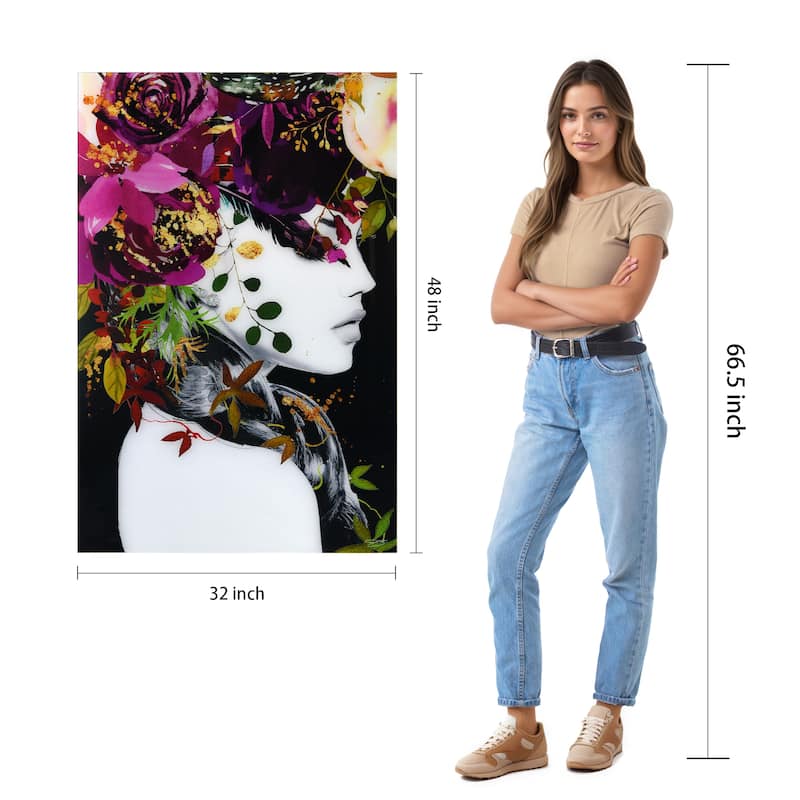"Beautiful Women & Flowers" Frameless Free Floating Tempered Glass Panel Graphic Wall Art 24 in. x 24 in.