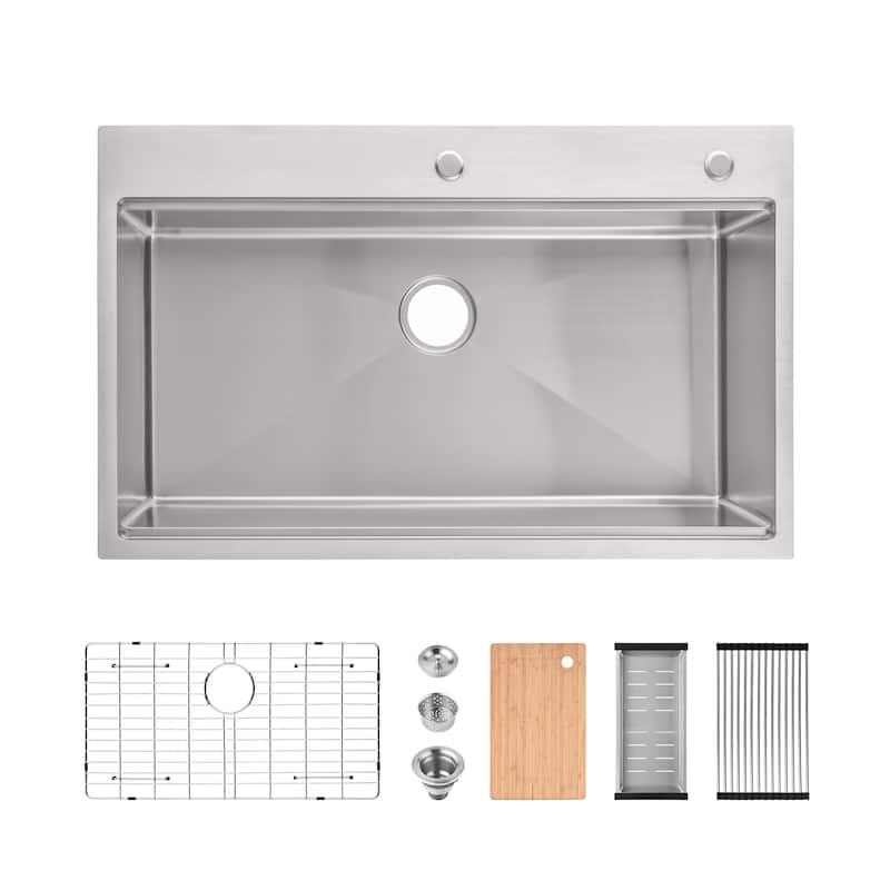 Kitchen Sink,Single Bowl, Overmount Handmade Sink in Brushed, with Cutting Board, Colander
