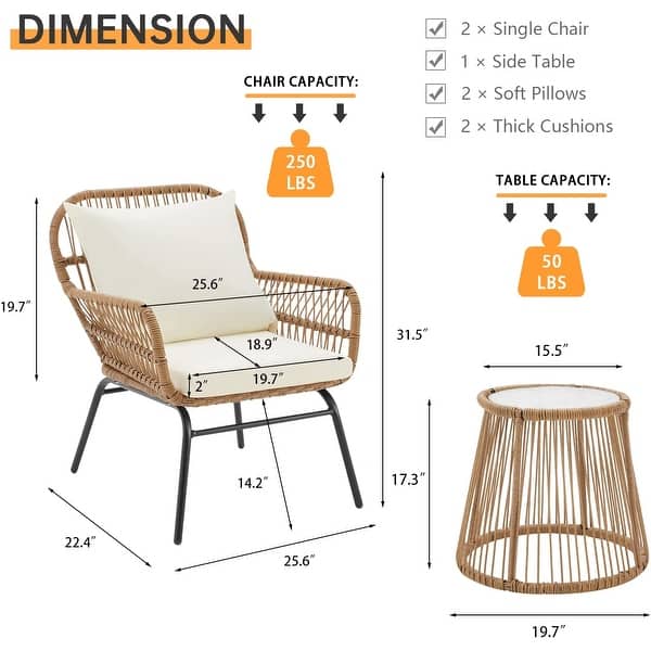 dimension image slide 1 of 8, EROMMY 3-Piece Patio Conversation Set with Glass Table & 2 Armchairs, Seat Cushions