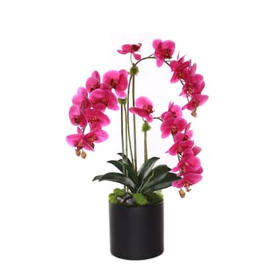Purple Real Touch Orchid with Amethyst in Black Cylinder Pot