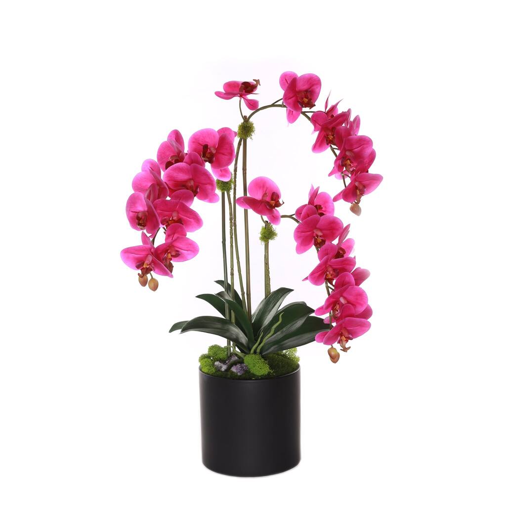Purple Real Touch Orchid with Amethyst in Black Cylinder Pot