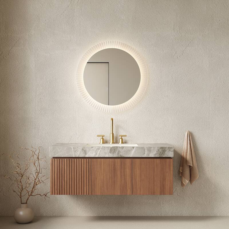 Floating Bathroom Vanity with Sintered Stone Top & Undermount Ceramic Basin with Three Pre-drilled Faucet Holes - 47.64'' x 18.9'' x 17.72'' - Brown Oak and Light Gray