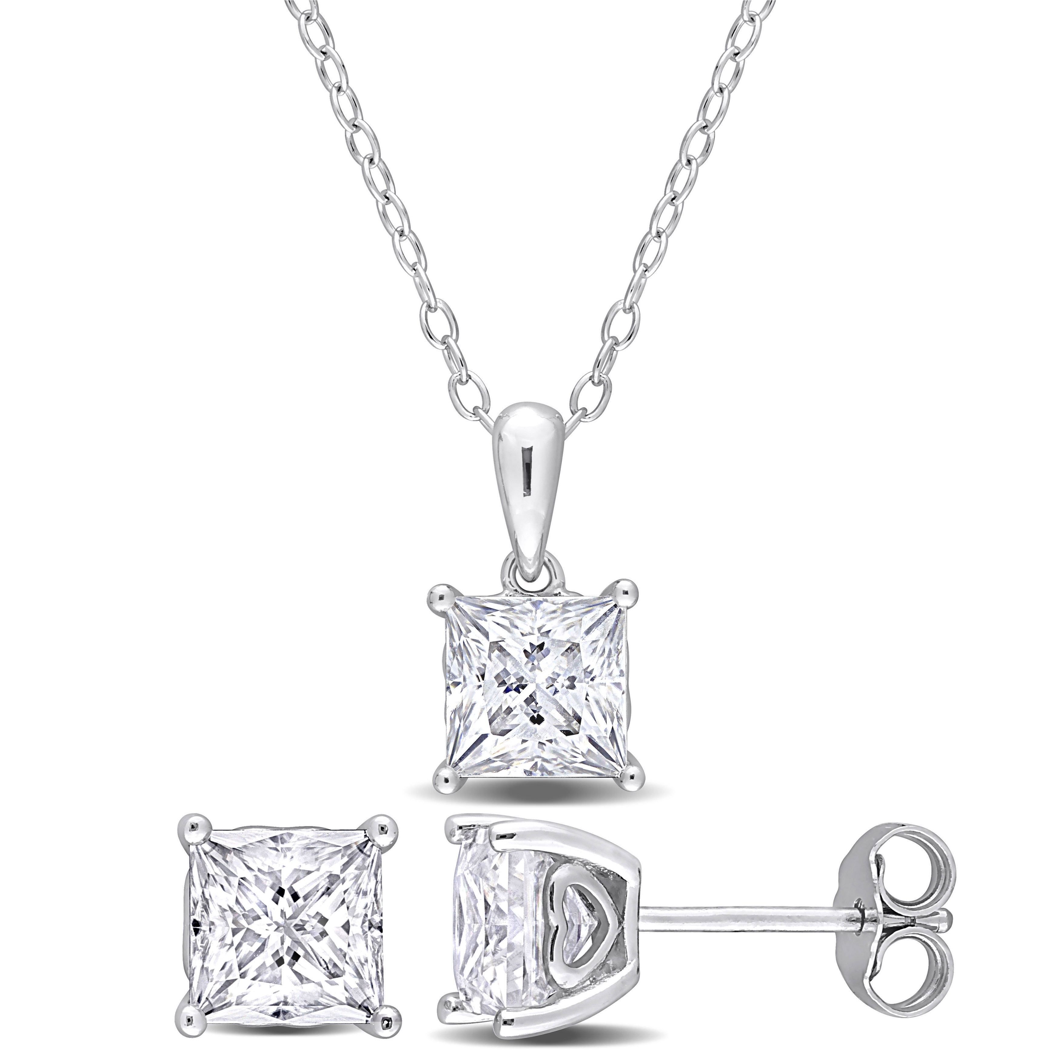 Miadora 3 3/4ct DEW Square Created Moissanite Necklace and Stud Earrings Set Sterling Silver