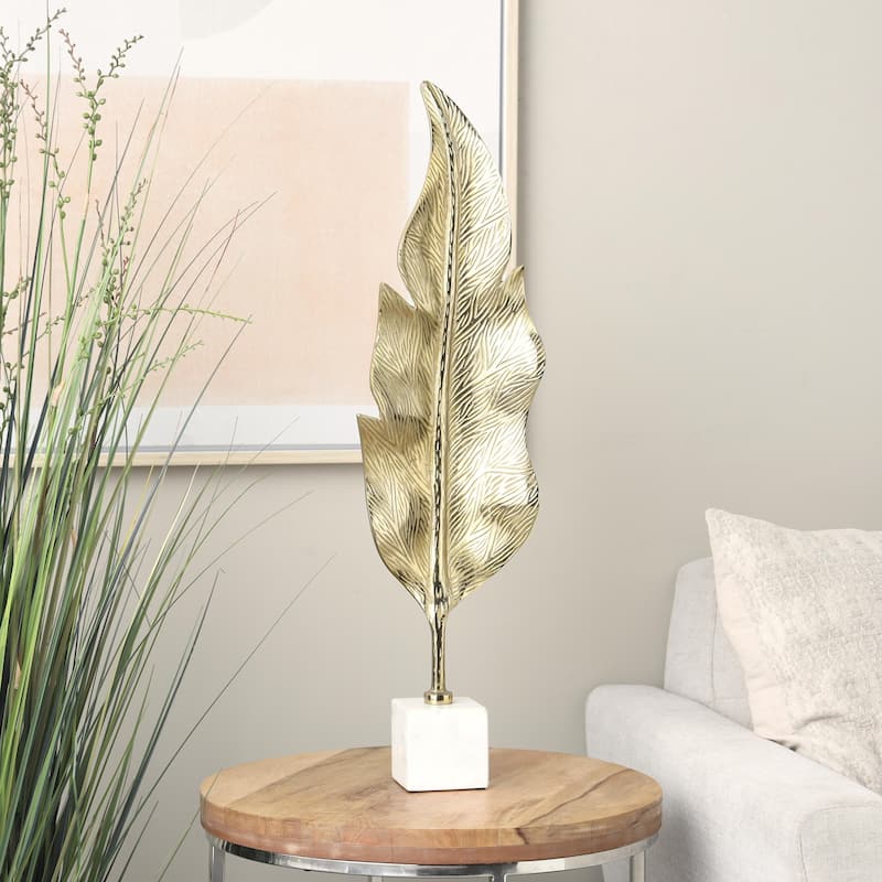 Aluminum Metal Leaf Tall Textured Decorative Sculpture with White Marble Base - Gold - Roche River Decor