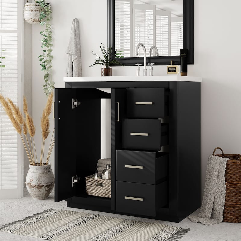 30"Bathroom Vanity with Ceramic Sink,Solid Wood Storage Cabinet,Freestanding Vanity Set with 3 Drawers& Soft Closing Doors
