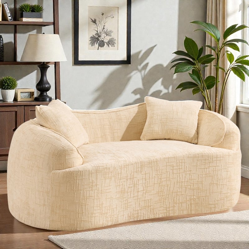 Curved 2 Seater Compressed Sofa Loveseat, Chenille Upholstered Couch with Armrests and Pillows, No Assembly - Beige