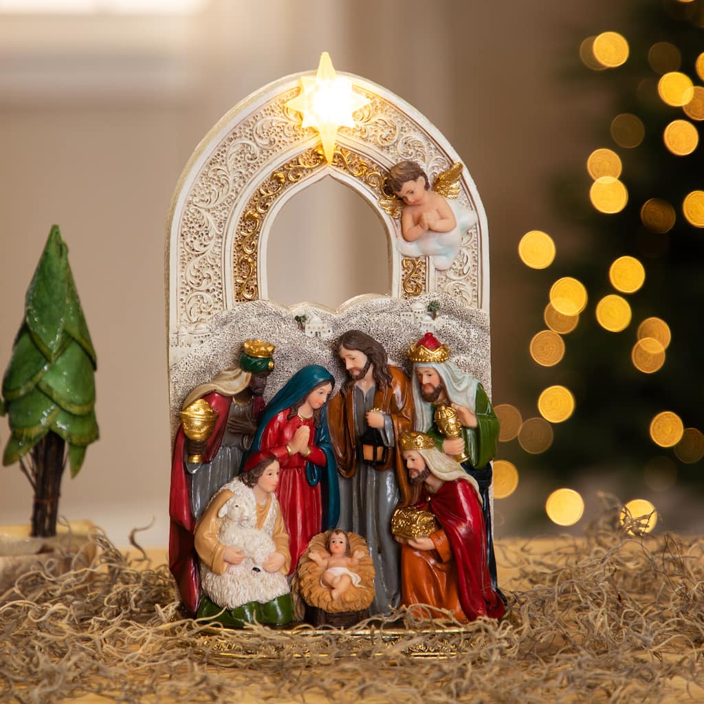 Lighted Star, Holy Family, Wise Men, Shepard and Angel Nativity Christmas Decoration - 10"